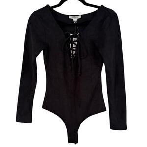 NWT Glamorous Black Suede Thong Bodysuit Lace Up Long Sleeve Women’s Size Small